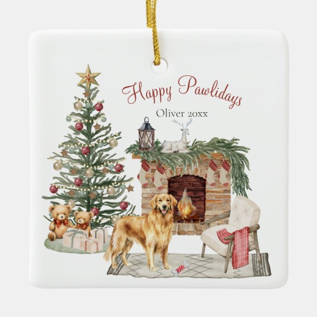 Happy Pawlidays Dog Design- Golden Retriever Ceramic Ornament (Front)