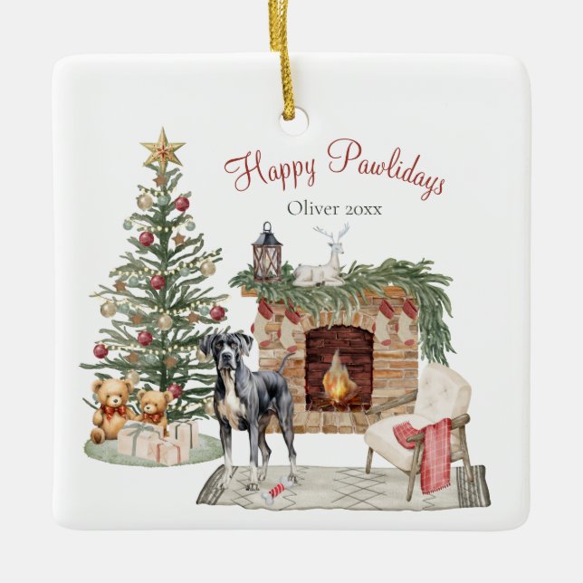 Happy Pawlidays Dog Design- Great Dane Ceramic Ornament (Front)