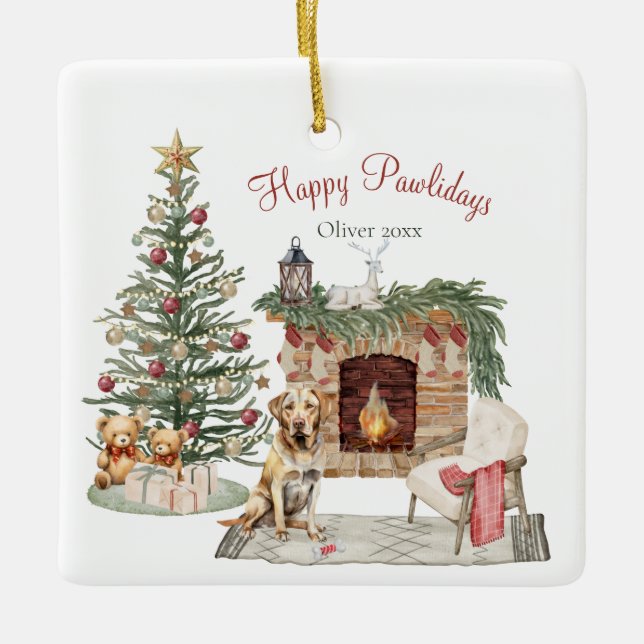 Happy Pawlidays Dog Design- Labrador Retriever Ceramic Ornament (Front)