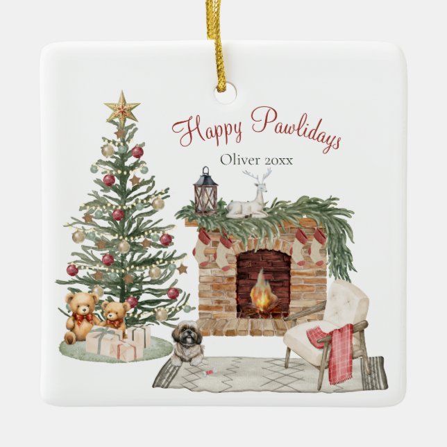 Happy Pawlidays Dog Design- Lhasa Apso Ceramic Ornament (Front)
