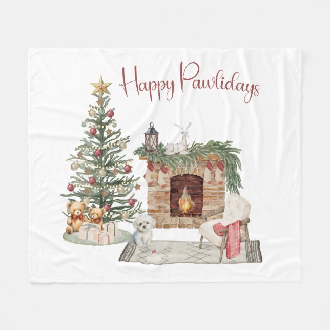 Happy Pawlidays Dog Design- Maltese Fleece Blanket (Front (Horizontal))