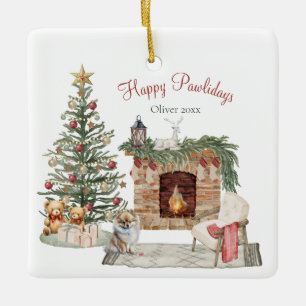 Happy Pawlidays Dog Design- Pomeranian Ceramic Ornament