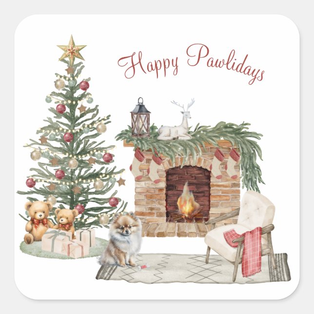 Happy Pawlidays Dog Design- Pomeranian Square Sticker (Front)