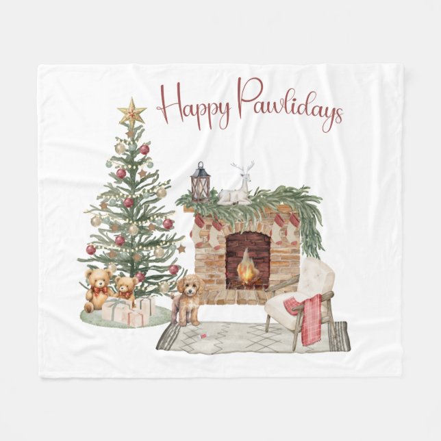 Happy Pawlidays Dog Design- Poodle Fleece Blanket (Front (Horizontal))