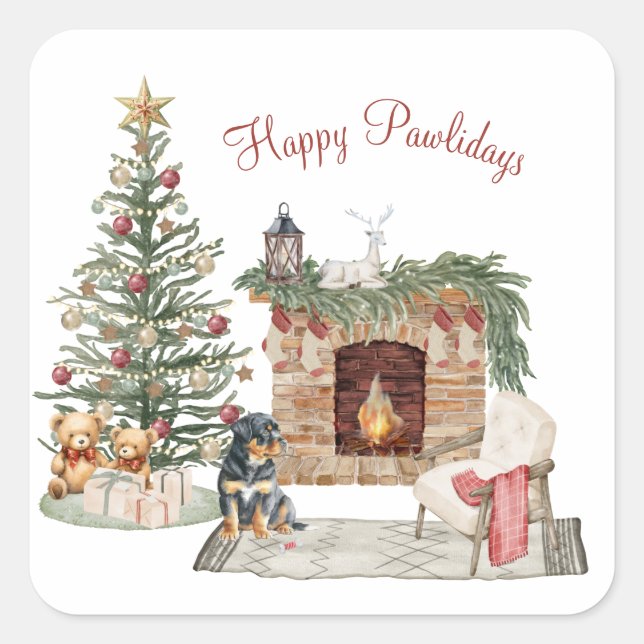 Happy Pawlidays Dog Design- Rottweiler Square Sticker (Front)