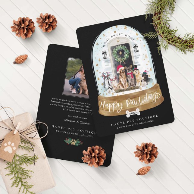 Happy Pawlidays Dogs Pet Care Business Black Door Holiday Card (Creator Uploaded)