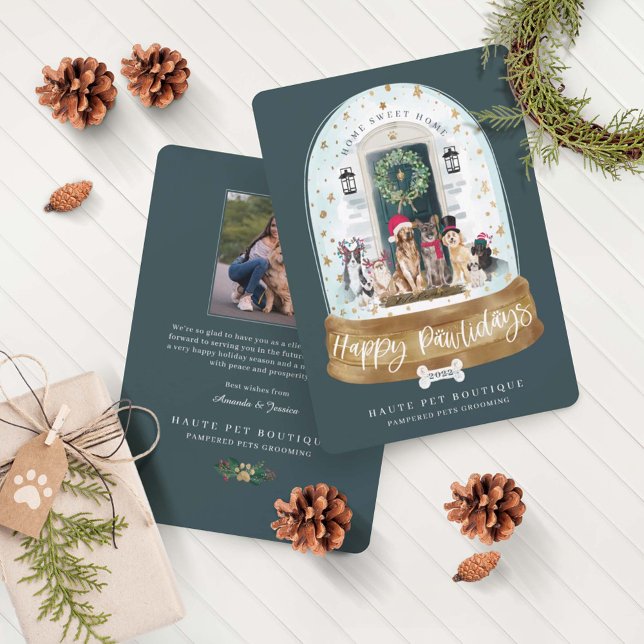 Happy Pawlidays Dogs Pet Care Business Green Door Holiday Card (Creator Uploaded)
