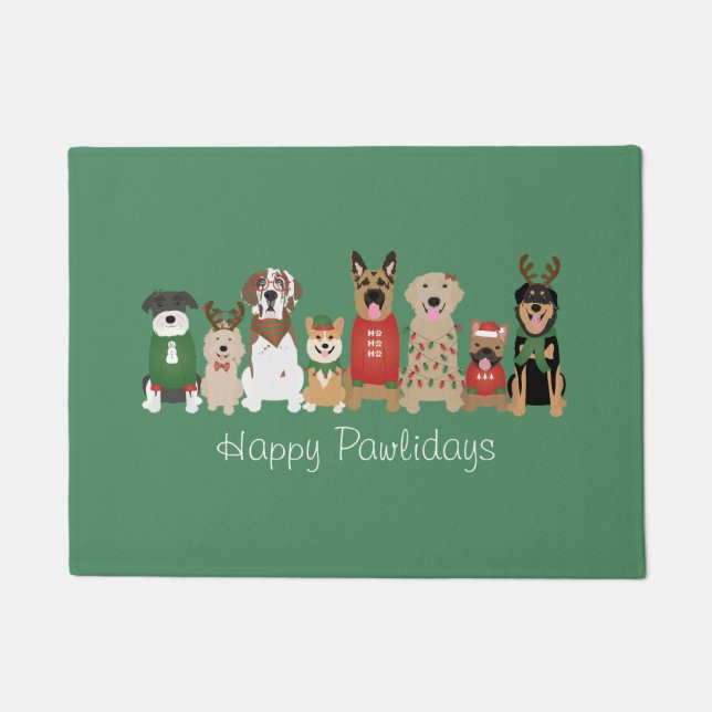 Happy Pawlidays Dogs Red Green Doormat (Front)