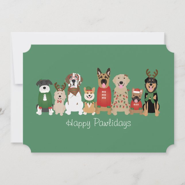 Happy Pawlidays Dogs Red Green Holiday Card (Front)