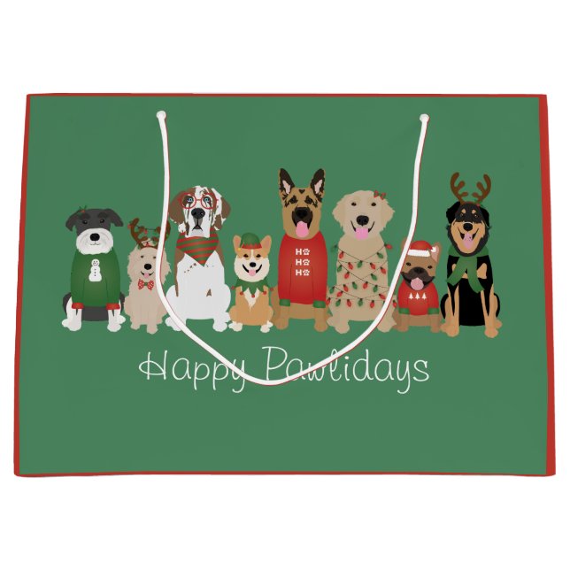 Happy Pawlidays Dogs Red Green Large Gift Bag (Front)