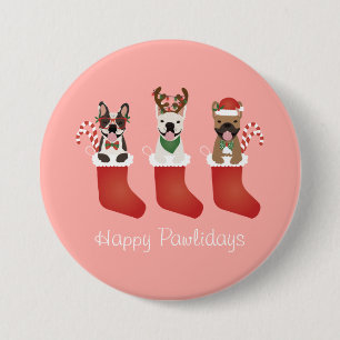 Happy Pawlidays French Bulldogs Christmas Stocking 7.5 Cm Round Badge