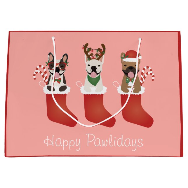 Happy Pawlidays French Bulldogs Christmas Stocking Large Gift Bag (Front)