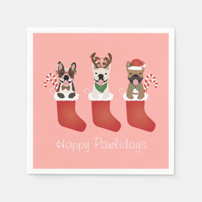 Happy Pawlidays French Bulldogs Christmas Stocking Napkin (Front)
