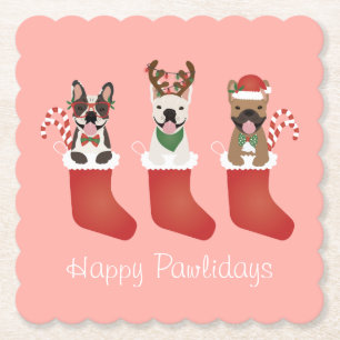 Happy Pawlidays French Bulldogs Christmas Stocking Paper Coaster