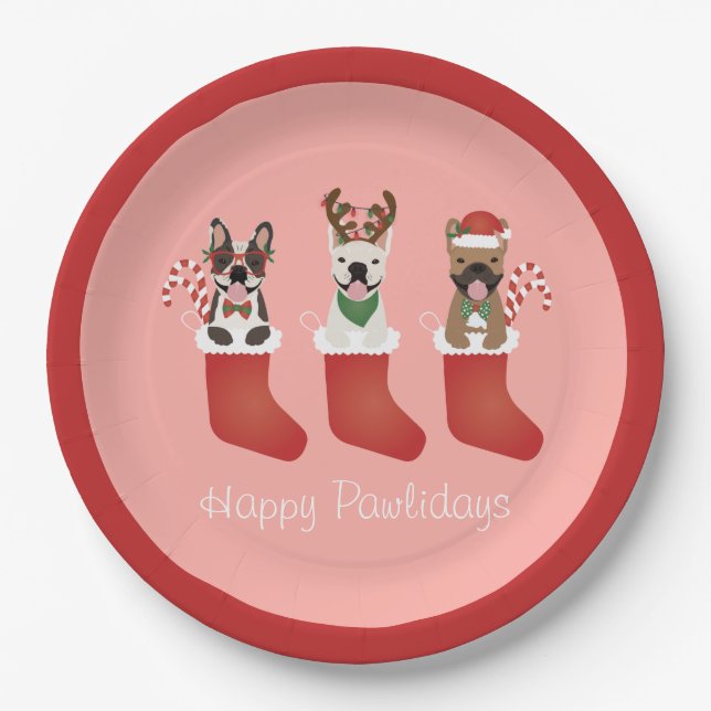 Happy Pawlidays French Bulldogs Christmas Stocking Paper Plate (Front)