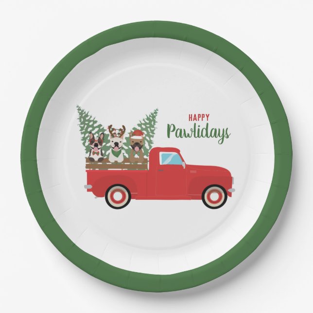 Happy Pawlidays French Bulldogs Red Pickup Truck Paper Plate (Front)