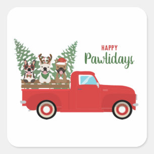 Happy Pawlidays French Bulldogs Red Pickup Truck Square Sticker