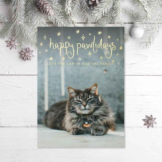Happy Pawlidays Fun Stars Cat Photo Foil Holiday Card (Creator Uploaded)