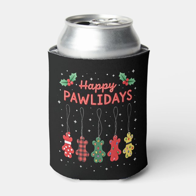 Happy Pawlidays Funny Christmas Dog Paw Xmas Dogs  Can Cooler (Can Front)