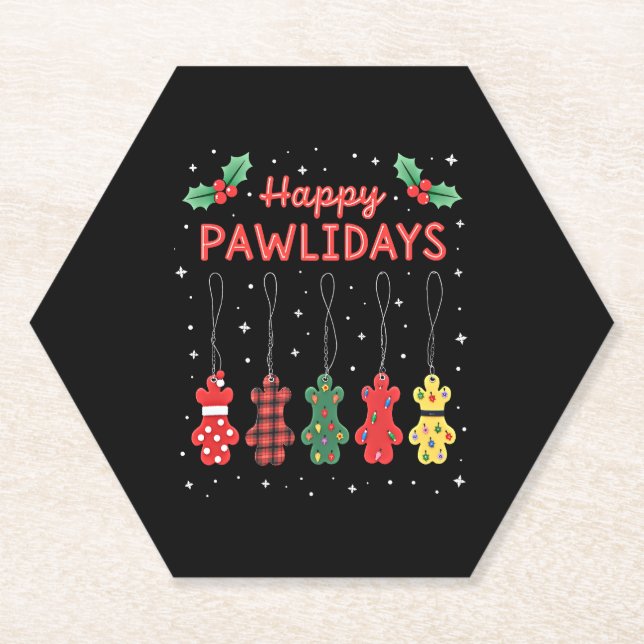 Happy Pawlidays Funny Christmas Dog Paw Xmas Dogs  Paper Coaster (Front)