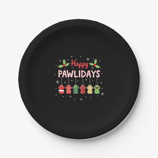 Happy Pawlidays Funny Christmas Dog Paw Xmas Dogs  Paper Plate (Front)