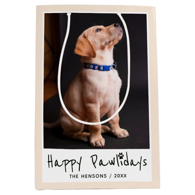 Happy Pawlidays Funny Pun Pet Photo Medium Gift Bag (Front)