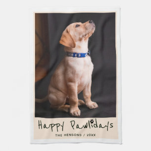 Happy Pawlidays Funny Pun Pet Photo Tea Towel