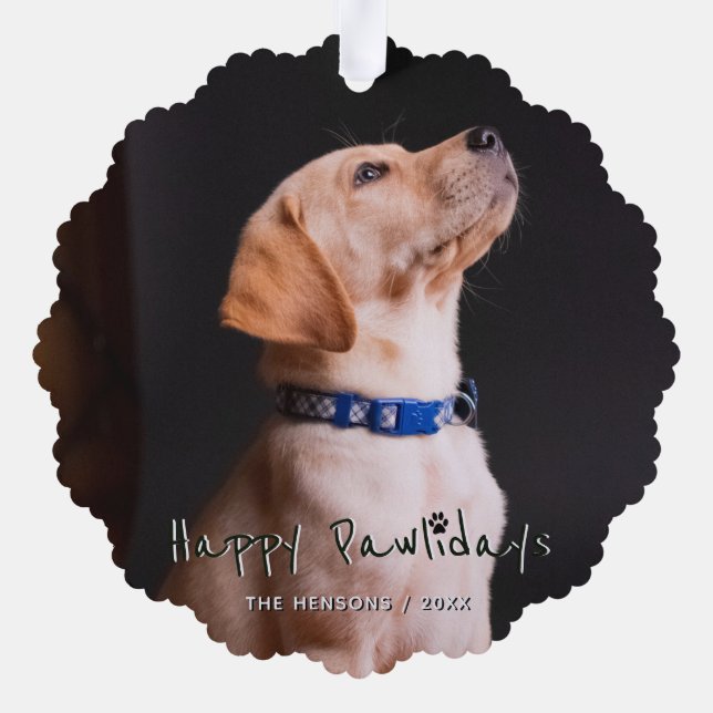 Happy Pawlidays Funny Pun Pet Photo Tree Decoration Card (Back)