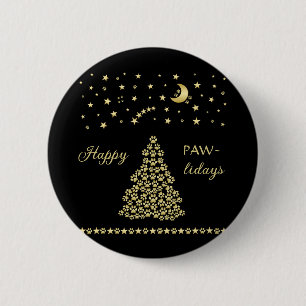 Happy Pawlidays, Gold shiny Paw Christmas tree 6 Cm Round Badge