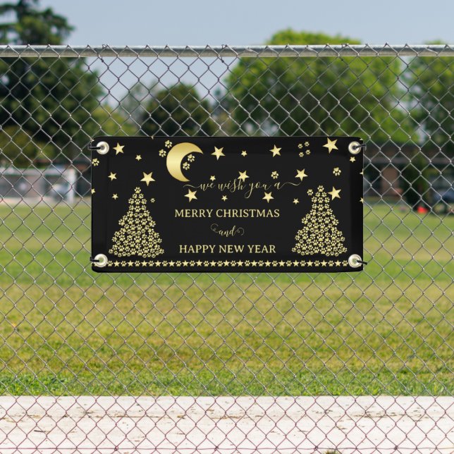 Happy Pawlidays, Gold shiny Paw Christmas tree Banner (Insitu)