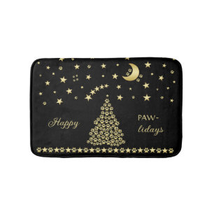 Happy Pawlidays, Gold shiny Paw Christmas tree Bath Mat