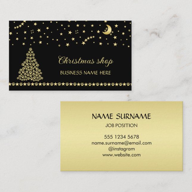 Happy Pawlidays, Gold shiny Paw Christmas tree Business Card (Front/Back)