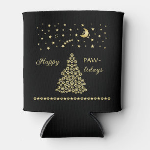 Happy Pawlidays, Gold shiny Paw Christmas tree Can Cooler