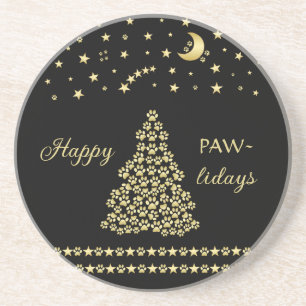 Happy Pawlidays, Gold shiny Paw Christmas tree Coaster