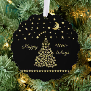 Happy Pawlidays, Gold shiny Paw Christmas tree Decoration Card