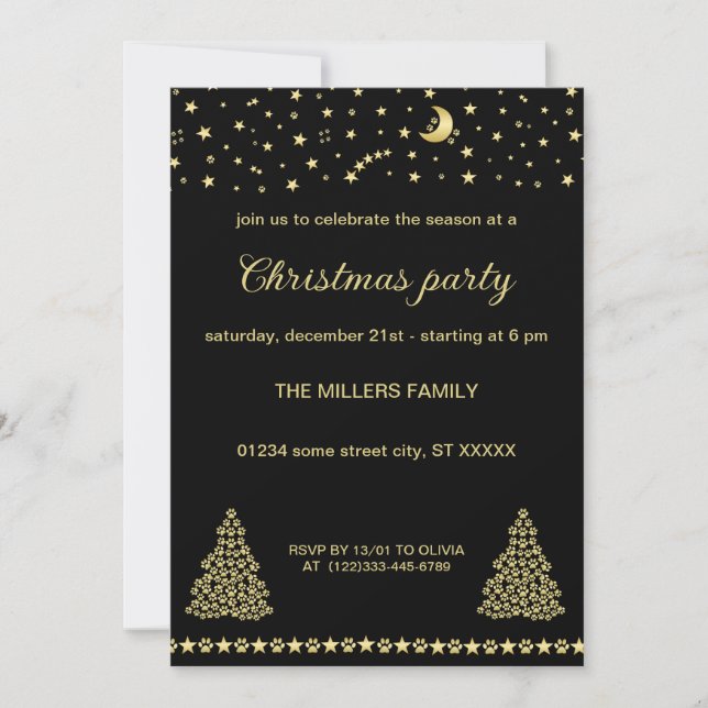 Happy Pawlidays, Gold shiny Paw Christmas tree Invitation (Front)