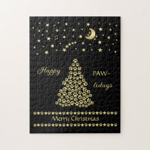 Happy Pawlidays, Gold shiny Paw Christmas tree Jigsaw Puzzle