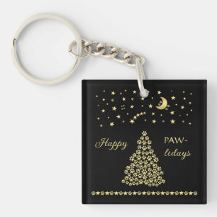 Happy Pawlidays, Gold shiny Paw Christmas tree Key Ring