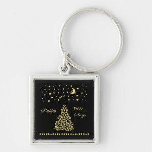 Happy Pawlidays, Gold shiny Paw Christmas tree Key Ring