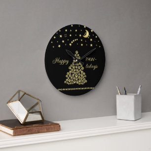 Happy Pawlidays, Gold shiny Paw Christmas tree Large Clock