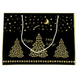 Happy Pawlidays, Gold shiny Paw Christmas tree Large Gift Bag