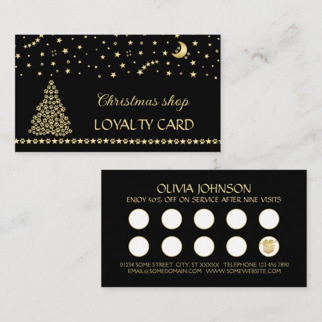 Happy Pawlidays, Gold shiny Paw Christmas tree Loyalty Card (Front/Back)