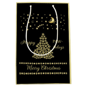Happy Pawlidays, Gold shiny Paw Christmas tree Medium Gift Bag
