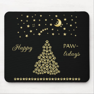 Happy Pawlidays, Gold shiny Paw Christmas tree Mouse Mat