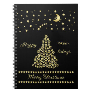 Happy Pawlidays, Gold shiny Paw Christmas tree Notebook