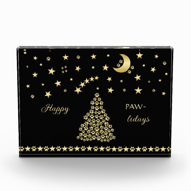 Happy Pawlidays, Gold shiny Paw Christmas tree Photo Block (Front)