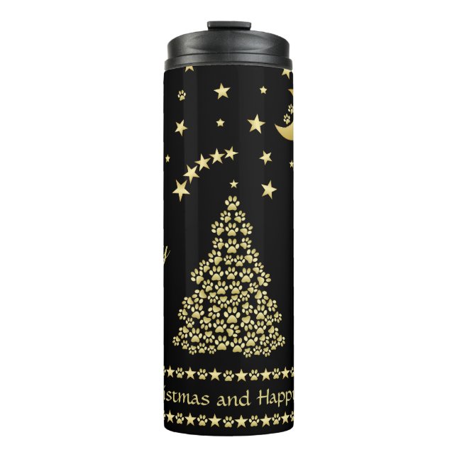 Happy Pawlidays, Gold shiny Paw Christmas tree Thermal Tumbler (Front)