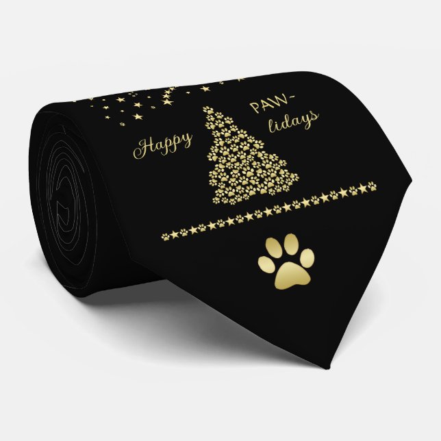 Happy Pawlidays, Gold shiny Paw Christmas tree Tie (Rolled)