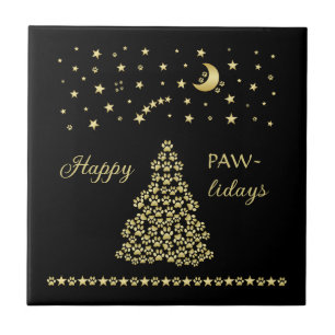 Happy Pawlidays, Gold shiny Paw Christmas tree Tile