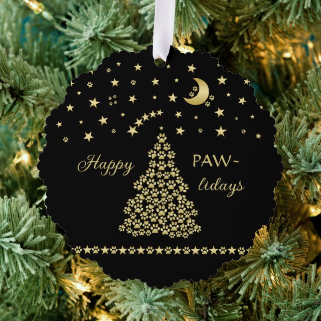 Happy Pawlidays, Gold shiny Paw Christmas tree Tree Decoration Card (Insitu (Tree))